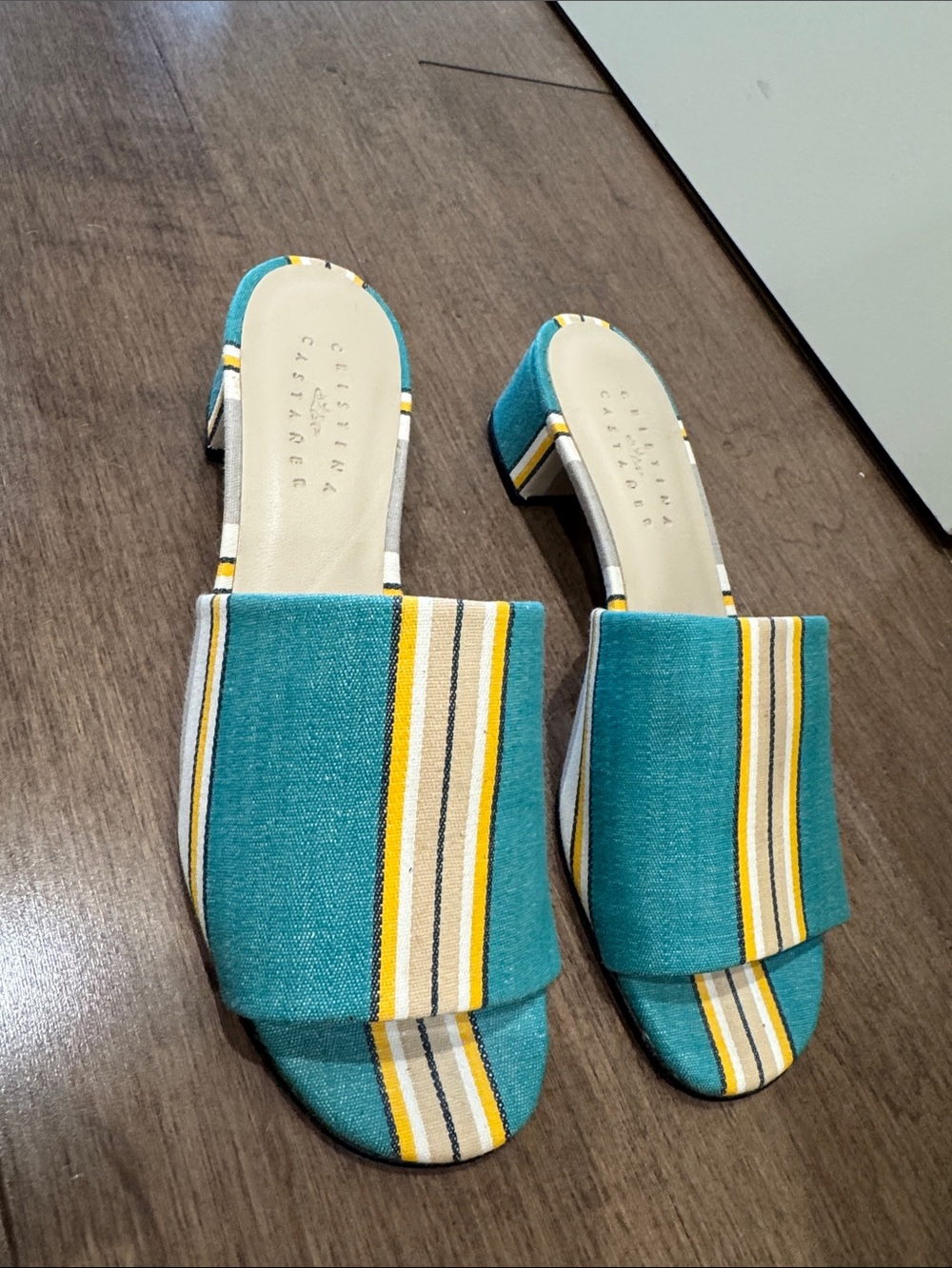 Castaner Teal & Yellow Striped Slide Mules